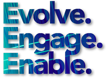 Evolve Engage Enable text in bold blue gradient font, digital marketing blog header theme, WordPress media graphic.