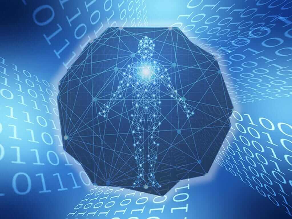 Digital human figure with binary code background, representing advanced technology and data integration concepts.