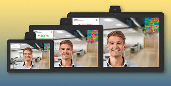 Digital temperature screening devices displaying a smiling man in an office setting, promoting thermal technology solutions.