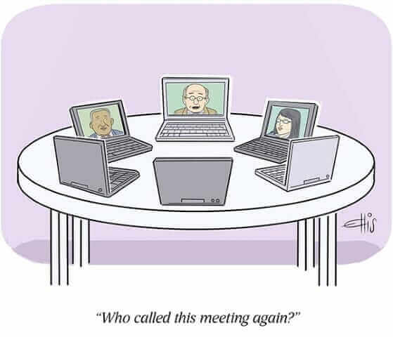 Cartoon of virtual meeting with laptops on a round table, featuring humorous dialogue about online conferencing.