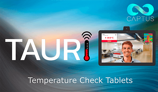 Tauri temperature check tablet screen showing a failed reading, Captus logo, modern digital thermometer graphic.