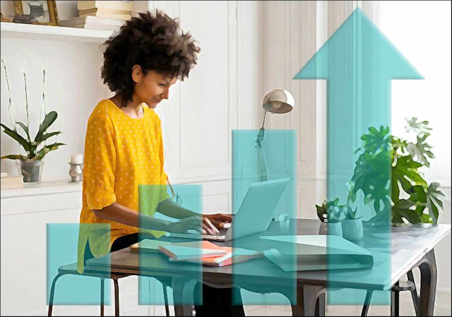 Woman working from home on laptop with growth chart overlay, emphasizing productivity and remote work success.