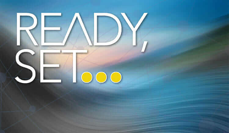 Ready Set text with blurred abstract blue and orange background, motivational image for business or personal growth.