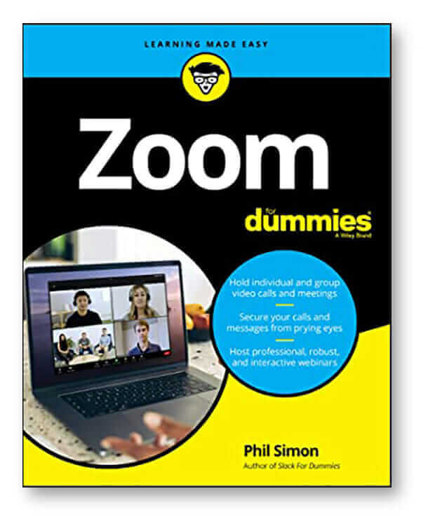 "Zoom For Dummies book cover featuring video call on laptop, ideal for learning online meetings and webinars."