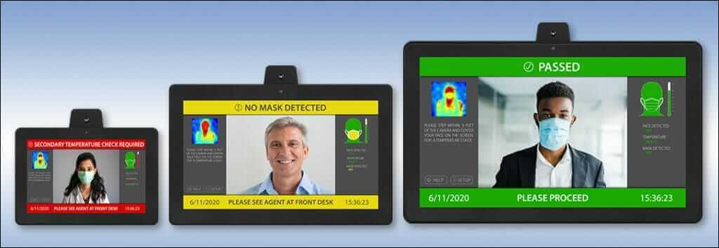 Face recognition tablets for temperature checks and mask detection, displaying alerts and instructions on screens.