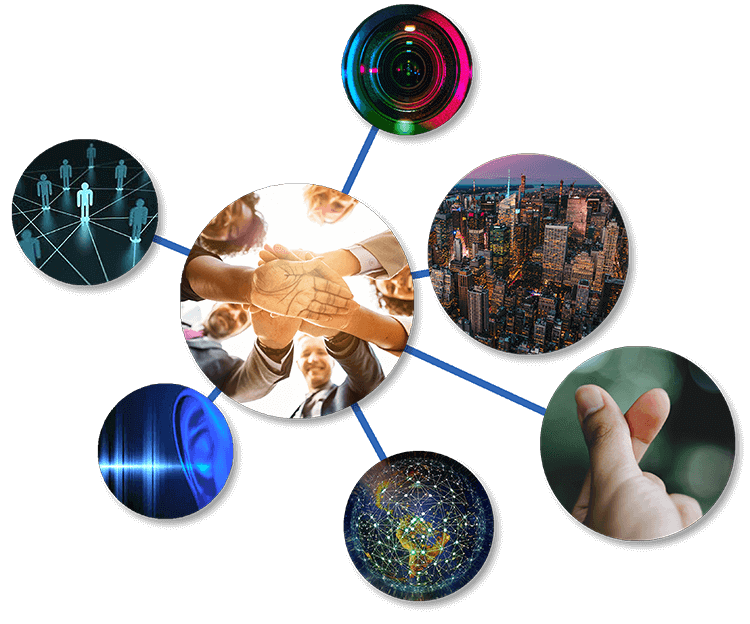 Collaborative teamwork concept with interconnected circles: hands joined, cityscape, technology, networking, camera lens, and globe.