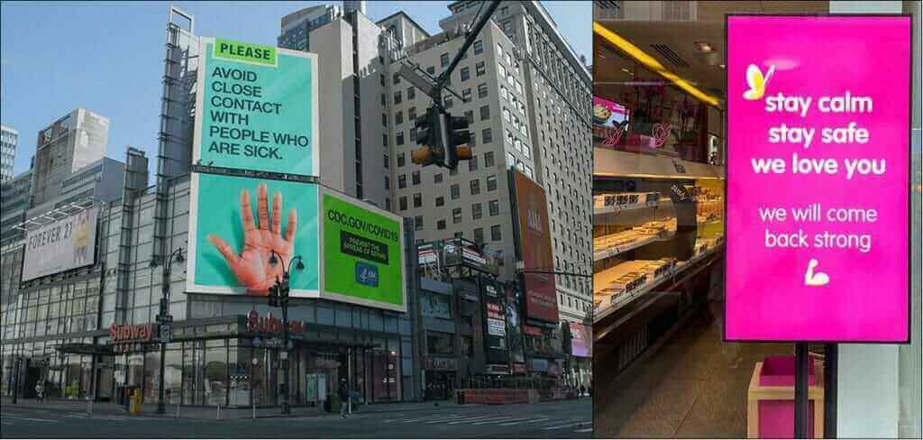 Large COVID-19 signs in New York City promoting safety, featuring messages to avoid contact and stay calm.
