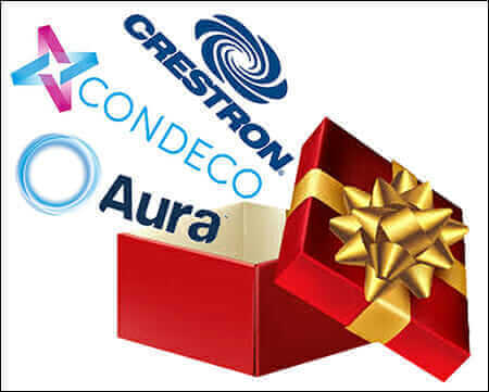 Red gift box with gold ribbon featuring logos: Crestron, Condeco, Aura. 10th-day celebration theme, technology brands.