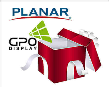 Red gift box with logos of Planar and GPO Display, symbolizing a tech collaboration or product reveal.