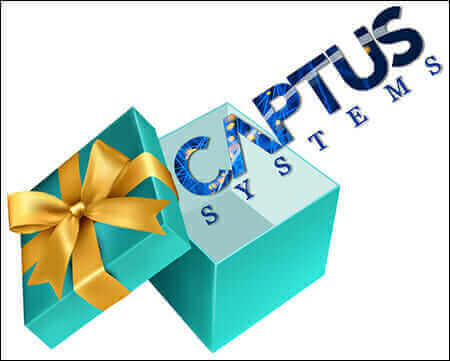 Open gift box with golden ribbon beside "CAPTUS SYSTEMS" text logo, symbolizing surprise and innovation.