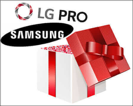 Open gift box with red ribbon featuring LG PRO and Samsung logos.