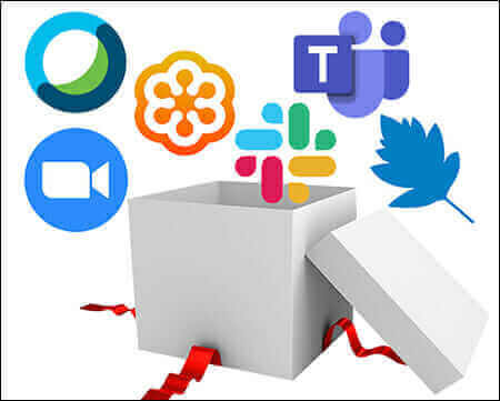 Open box with video conferencing logos: Zoom, Webex, Teams, Slack, GoToMeeting, and blue leaf. Red ribbon accents.
