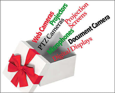 Open gift box with red bow, keywords: web cameras, projectors, PTZ cameras, microphones, projection screens, document camera.