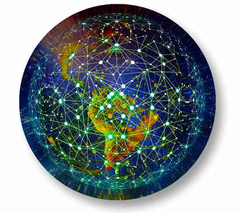 Global network visualization with interconnected points on a colorful world map, representing digital connectivity and technology.