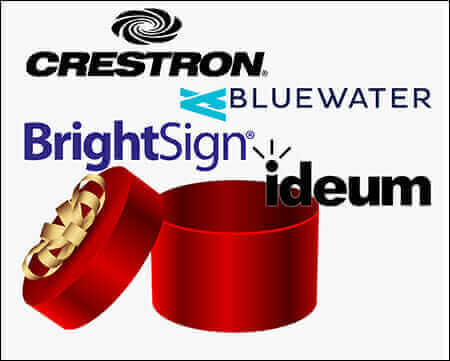 Open red gift box with logos of Crestron, Bluewater, BrightSign, and Ideum, symbolizing technology and innovation.