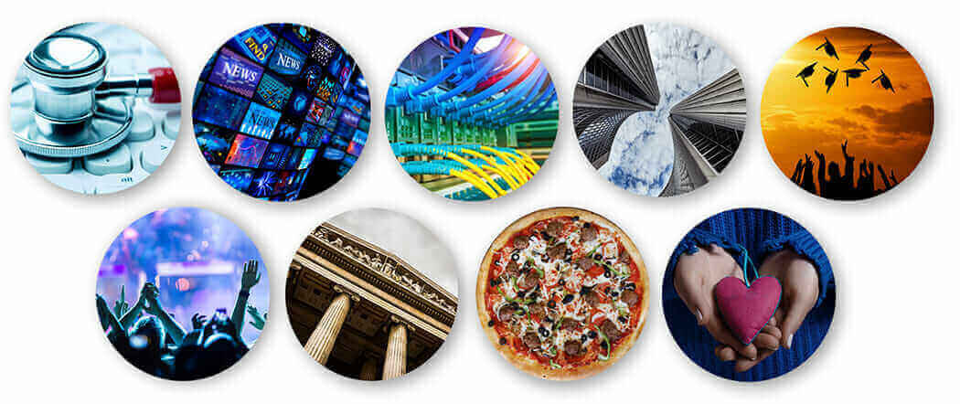 Diverse industries collage: healthcare, media, technology, architecture, events, law, food, charity, community.