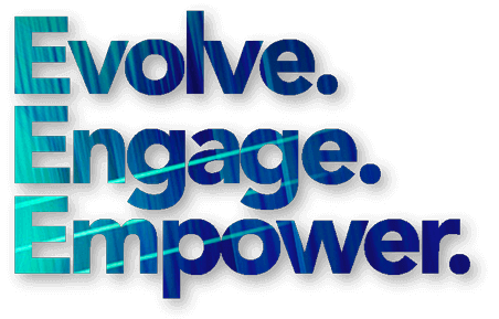 Evolve Engage Empower text with blue gradient design for motivational and business growth concepts.