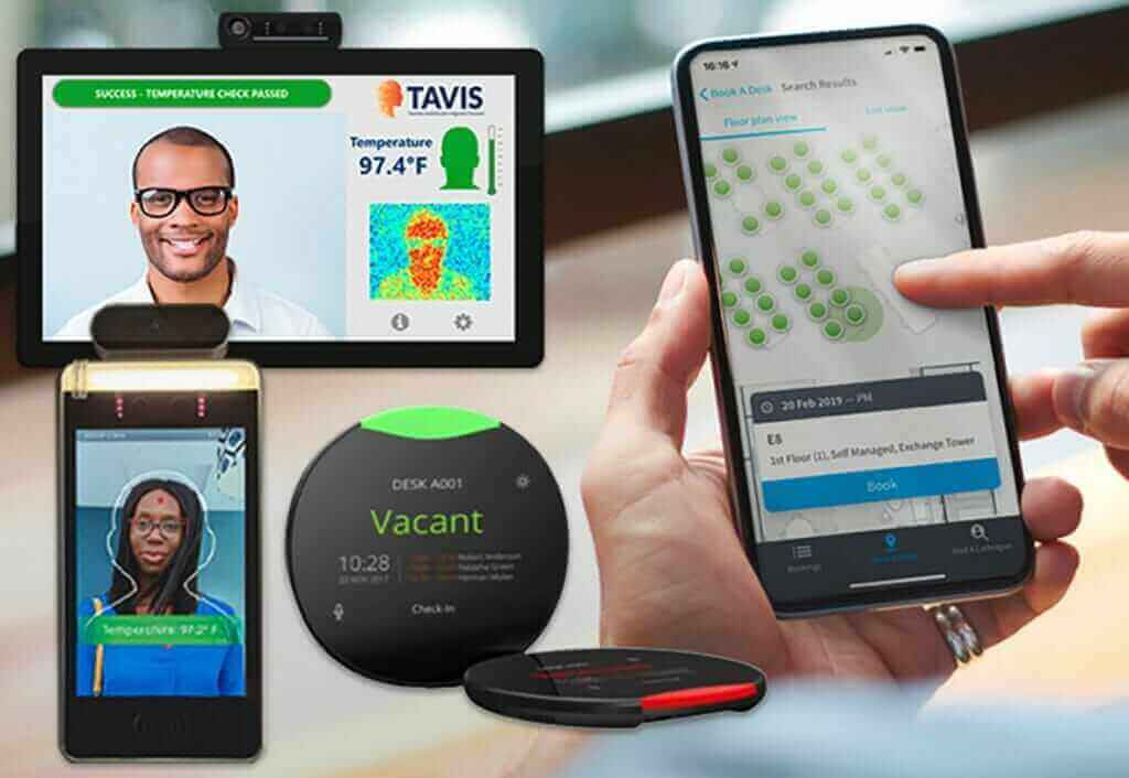 Reopening technology with temperature checks, desk booking app, and occupancy sensors for safe workplace management.