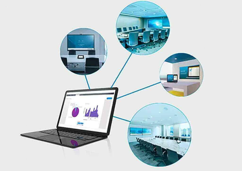 Laptop displaying AV reporting analytics with graphs, connected to various meeting rooms, highlighting integrated communication technology.