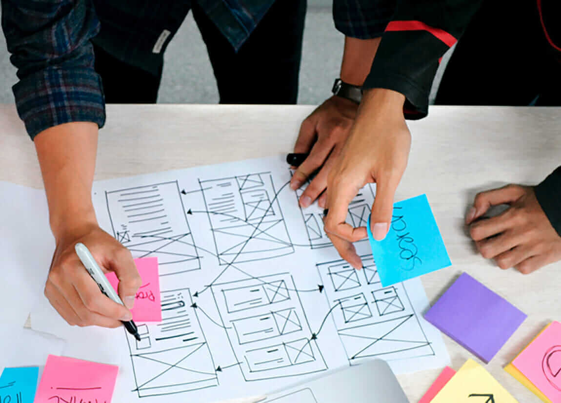 Collaborative design planning with wireframe sketches and sticky notes for consulting project.