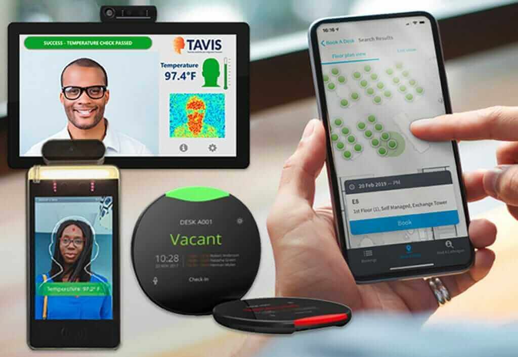 Reopening technology tools: temperature checks, desk booking app, digital screens, and occupancy sensors in use.