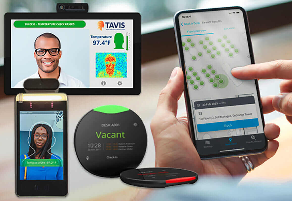 Reopening technology tools: temperature checks, desk booking app, digital screens, and occupancy sensors in use.