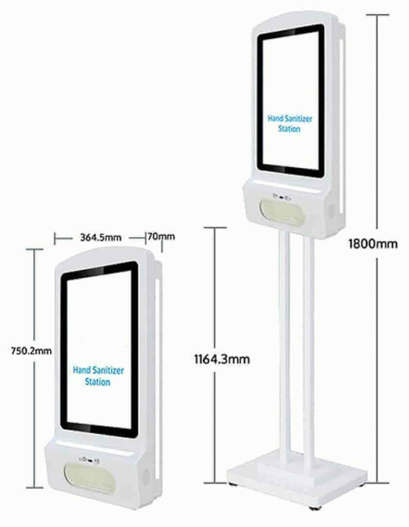 Digital hand sanitizer station dimensions; height 1800mm, width 364.5mm, depth 70mm; sleek design for public spaces.