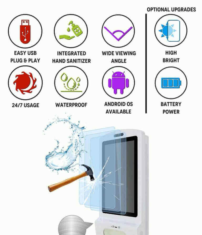 Interactive kiosk with features: USB, hand sanitizer, waterproof, Android, high brightness, 24/7 use, battery power.