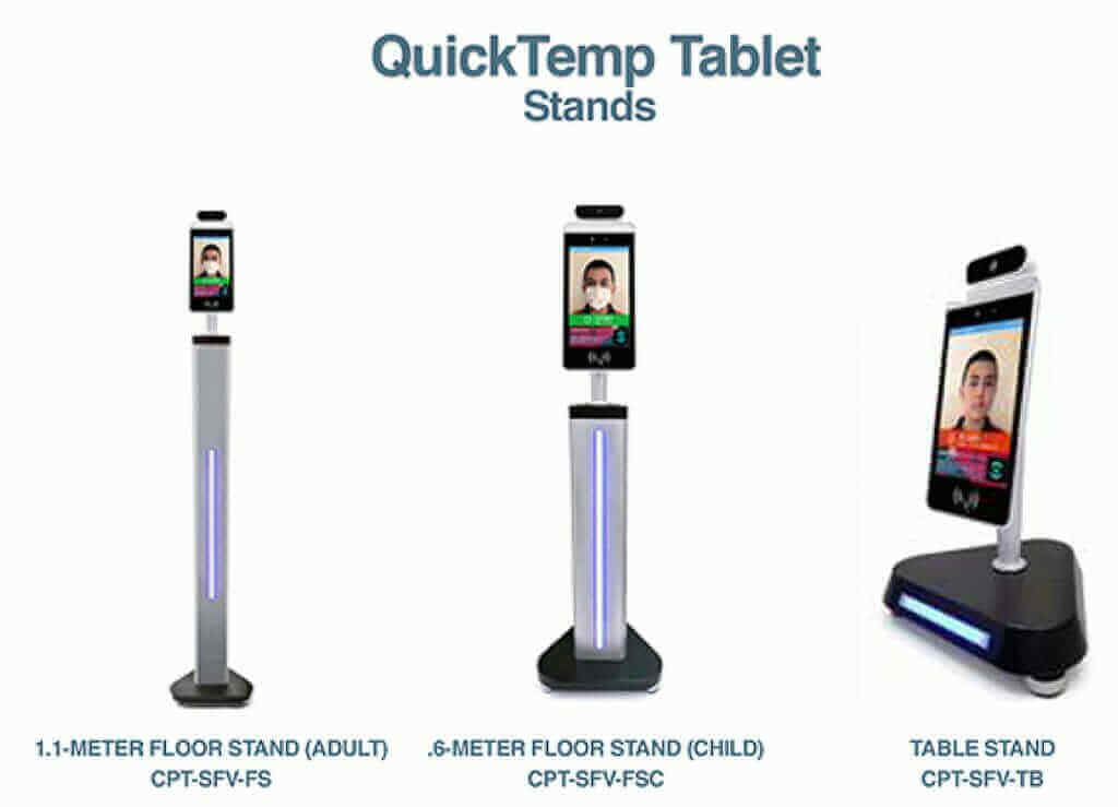 QuickTemp Tablet Stands: 1.1-meter adult, 0.6-meter child, and table stand for temperature screening.