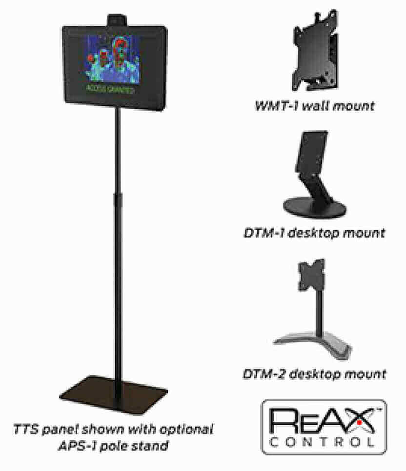 Tauri thermal imaging panel on APS-1 pole stand with WMT-1 wall mount, DTM-1, DTM-2 desktop mounts, Reax Control logo.
