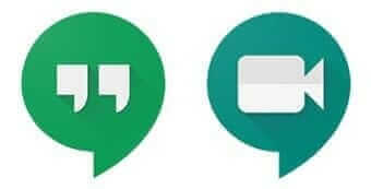 Google Hangouts and Meet icons, green chat bubble with quotes and video camera, communication app symbols.