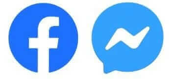 Facebook and Messenger logos side by side, social media icons, blue and white design.
