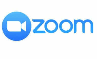 Zoom logo with blue video camera icon and text, representing online video conferencing and virtual meetings platform.