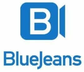 BlueJeans logo, blue letter B with camera icon, video conferencing software branding.