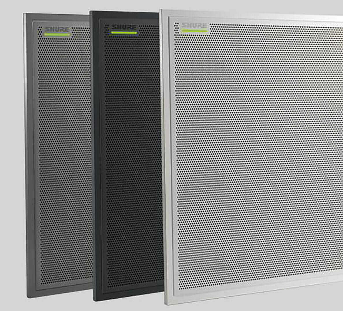 Shure ceiling microphone arrays in black and white, featuring perforated panels for audio capture, ideal for conference rooms.
