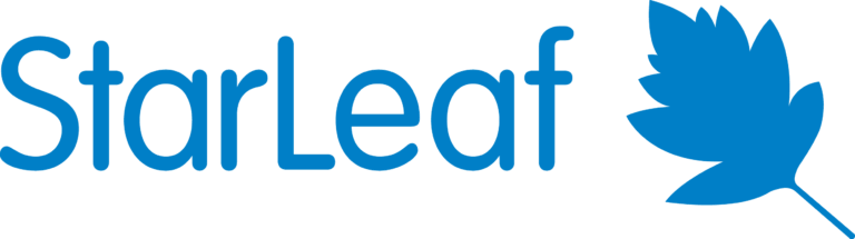 StarLeaf logo, blue text with leaf design, video conferencing brand.