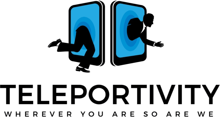 Teleportivity logo with silhouette figures entering and exiting blue portals, tagline "Wherever you are, so are we."