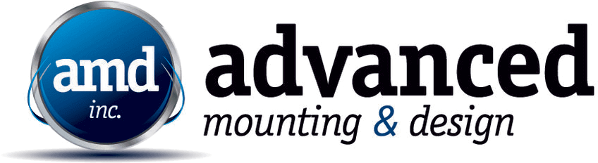 AMD Inc. logo, Advanced Mounting and Design branding, blue and black color scheme, modern technology design.