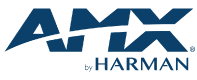 AMX by Harman logo, blue text on transparent background, technology and audio-visual solutions branding.