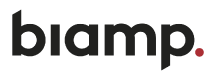 Biamp logo with black text and red dot, ideal for audio visual solutions branding and marketing materials.