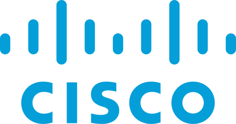 Cisco logo with blue vertical bars and text, representing networking and technology solutions.