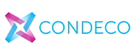 Condeco logo with stylized blue and pink icon, modern design, business branding.