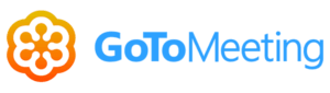 GoToMeeting logo with orange flower icon and blue text, online meeting software branding, digital collaboration tool.