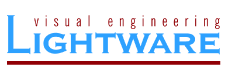 Lightware Visual Engineering logo, blue and red text on transparent background, technology branding design.