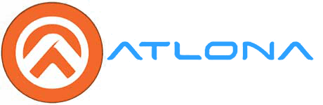 Atlona logo, orange circle with arrow icon and blue text, AV solutions branding.