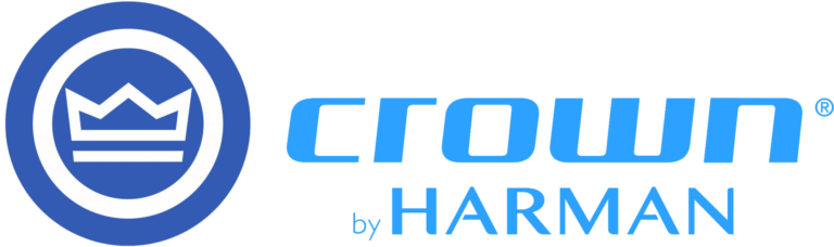 Crown by Harman logo, blue and white design, professional audio equipment branding, circular crown icon.