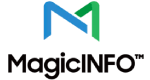 MagicINFO logo with blue and green stylized "M" above the text, representing digital signage software branding.