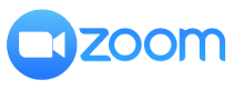 Zoom logo, blue video camera icon, and text, video conferencing app branding, communication software.