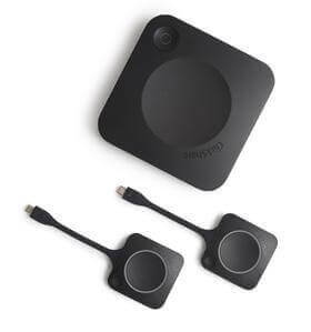 Wireless presentation system with ClickShare base unit and two USB-C buttons, enhancing collaborative meetings.