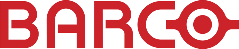 Barco logo in bold red font, representing technology and innovation in visual solutions and display systems.